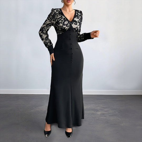Damen Figurbetontes Maxikleid mit Spitzenoberteil, V‑Ausschnitt und Zierknopfleiste Shop Nory