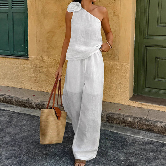 Damen Einschultriger Leinen-Jumpsuit mit Zier-Rosette und weitem Bein Shop Nory