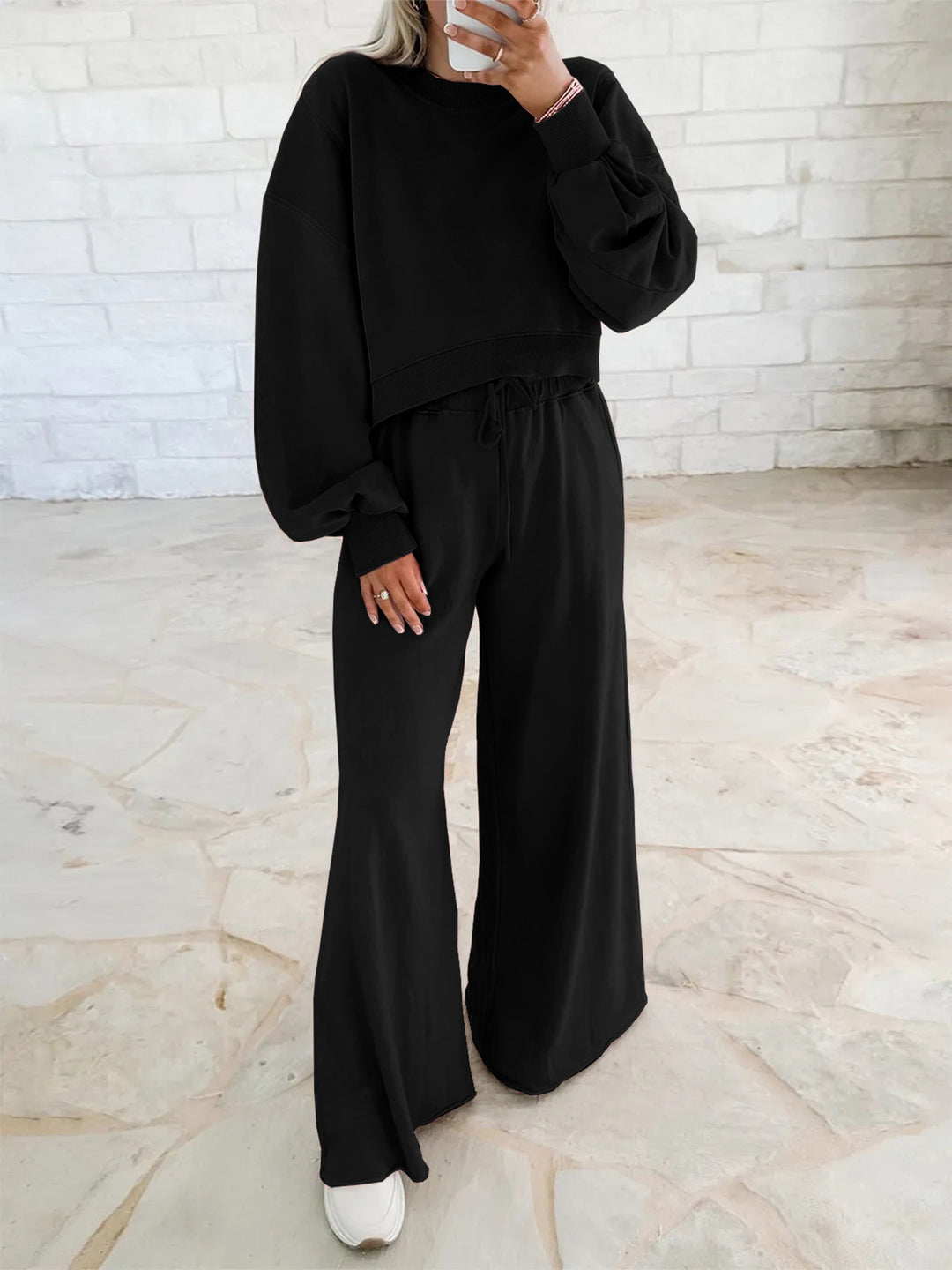 Damen Kurzpullover- und Palazzohose Lounge-Set mit Ballonärmeln Shop Nory