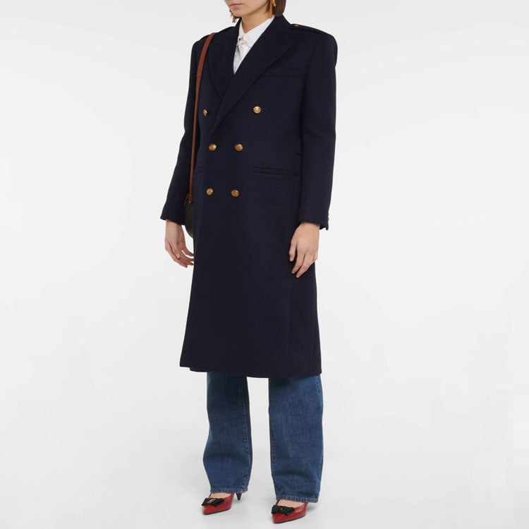 Damen Doppelreihiger Wollmix-Longcoat mit Epauletten und strukturierter Tailoring-Silhouette Shop Nory