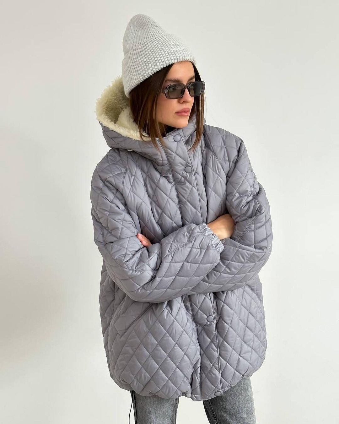 Damen Oversize Steppjacke mit Teddyfutter und Kapuze Shop Nory