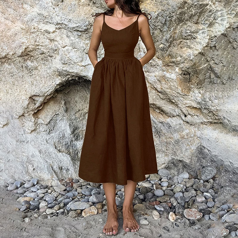 Damen Midikleid mit Spaghettiträgern & Taschen