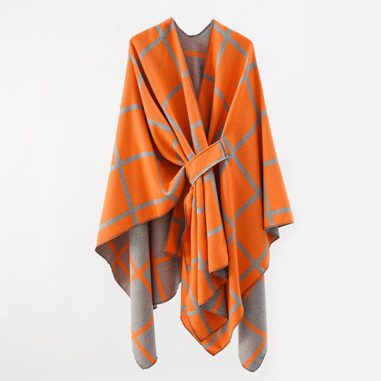 Damen Oversize Poncho aus Feinstrick mit Taillengürtel und Karomuster Shop Nory