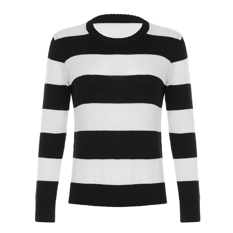 Damen nan gestreifter Rundhals-Pullover aus Feinstrick mit gerippten Bündchen und schmaler Passform Shop Nory