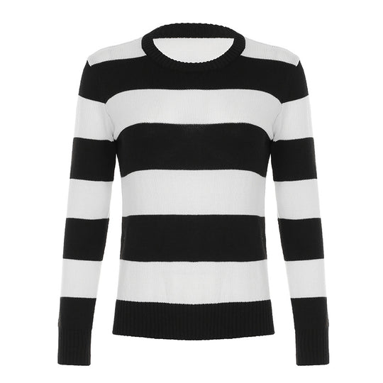 Damen nan gestreifter Rundhals-Pullover aus Feinstrick mit gerippten Bündchen und schmaler Passform Shop Nory