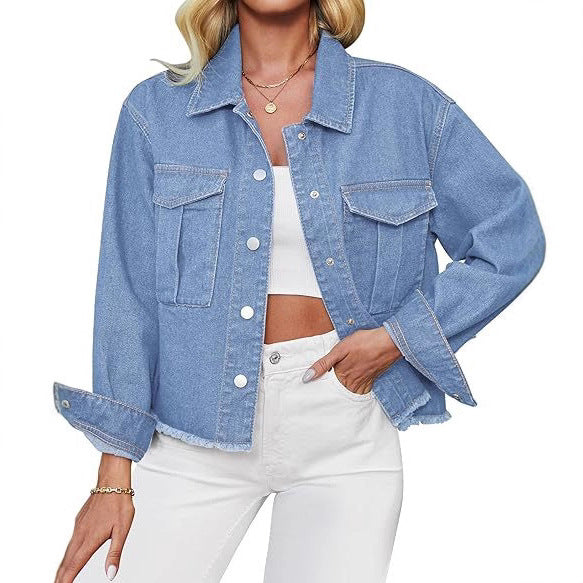 Damen Kurz geschnittene Oversize-Jeansjacke mit rohem Saum und aufgesetzten Brusttaschen Shop Nory