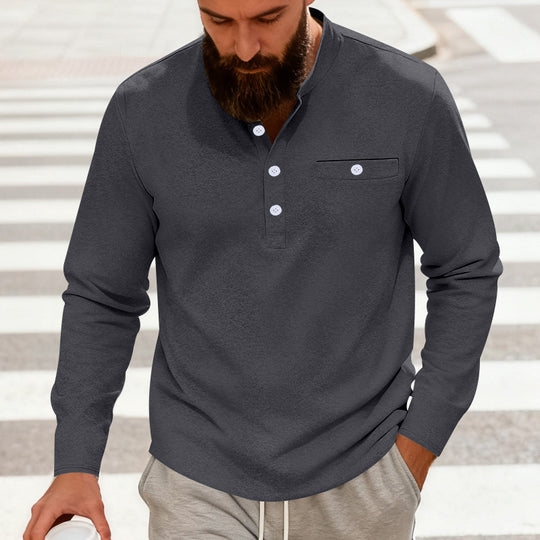 Herren Lässiges Henley-Langarmshirt mit Stehkragen, Brusttasche und abgerundetem Saum Shop Nory