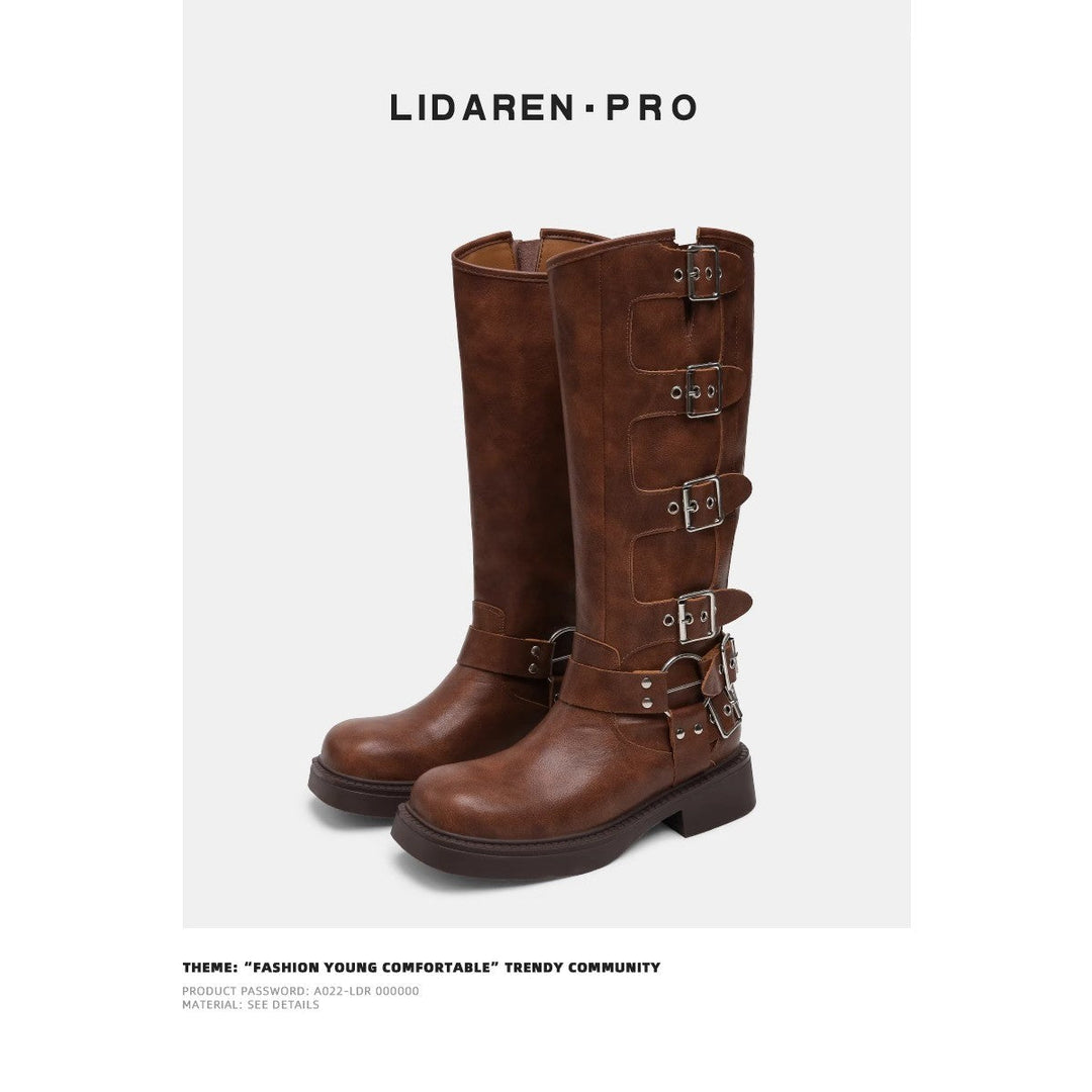 Damen Modische Stiefel mit verstellbaren Schnallen und robuster Sohle