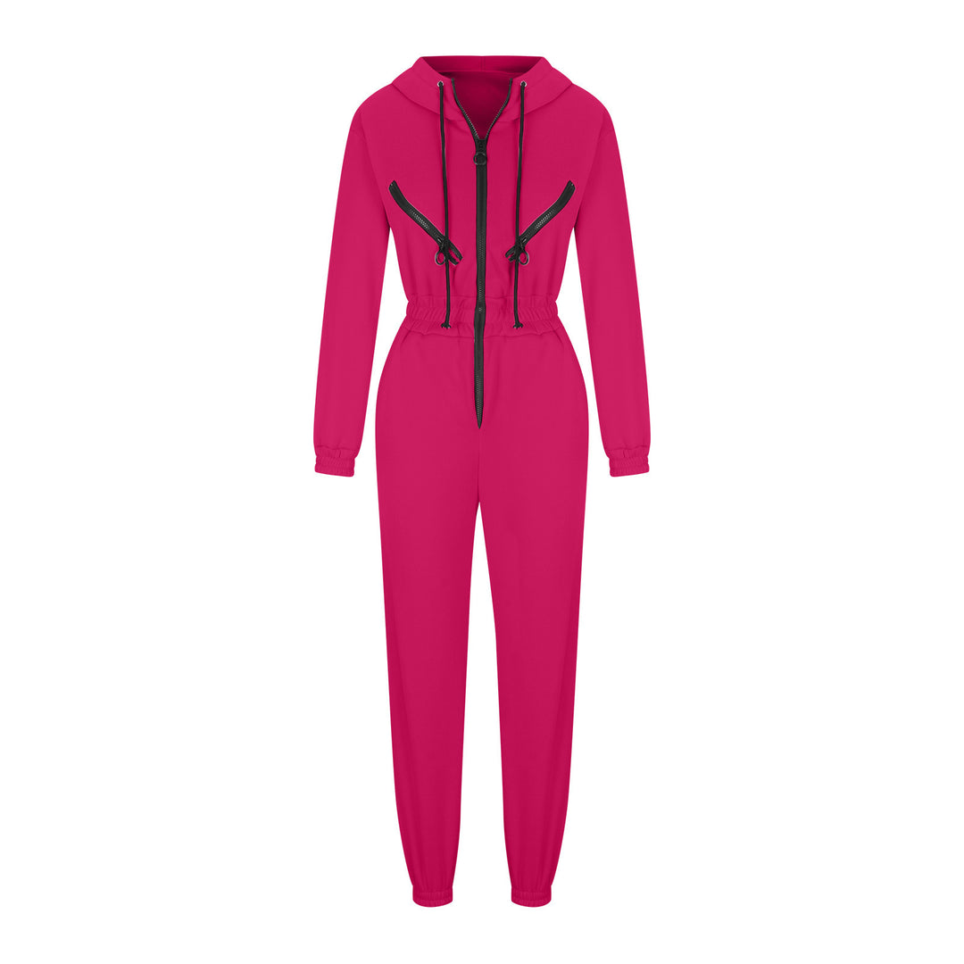 Damen taillierter Kapuzen-Jumpsuit mit elastischem Bund und markanten Kontrast-Reißverschlüssen Shop Nory