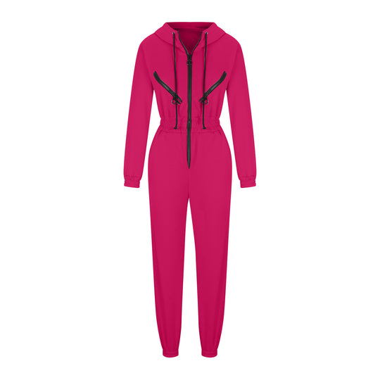 Damen taillierter Kapuzen-Jumpsuit mit elastischem Bund und markanten Kontrast-Reißverschlüssen Shop Nory
