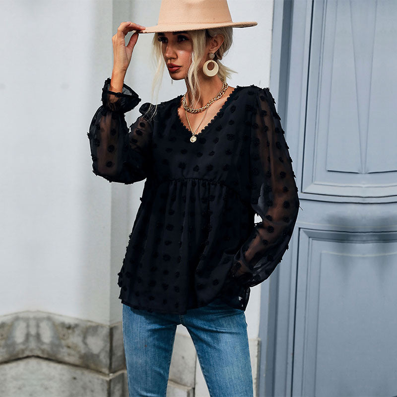 Damen Transparente Chiffon‑Bluse mit V‑Ausschnitt, erhabener Punkte‑Textur und Babydoll‑Silhouette Shop Nory
