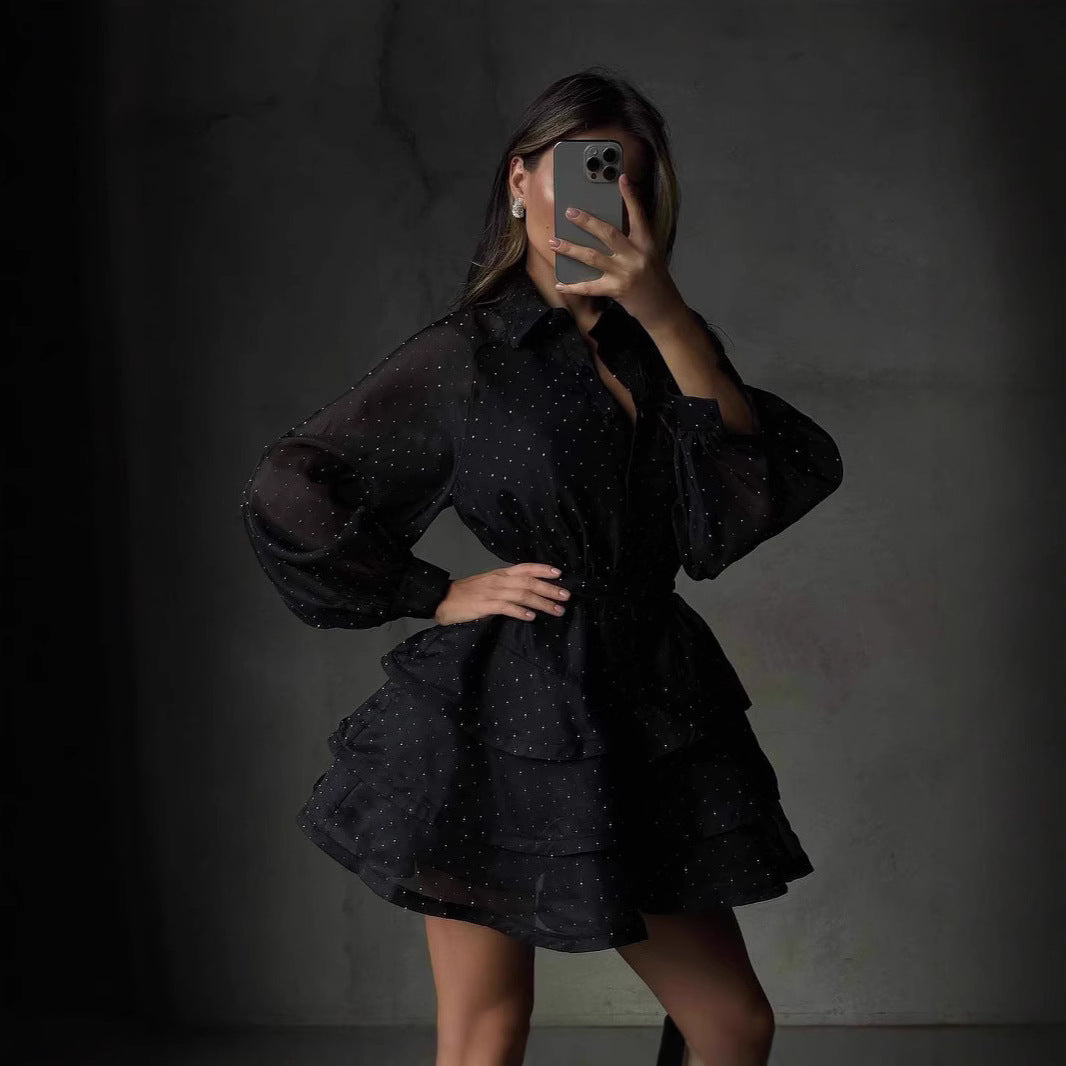 Damen Transparentes Volant-Minikleid mit Hemdblusenkragen, Ballonärmeln und Taillengürtel Shop Nory