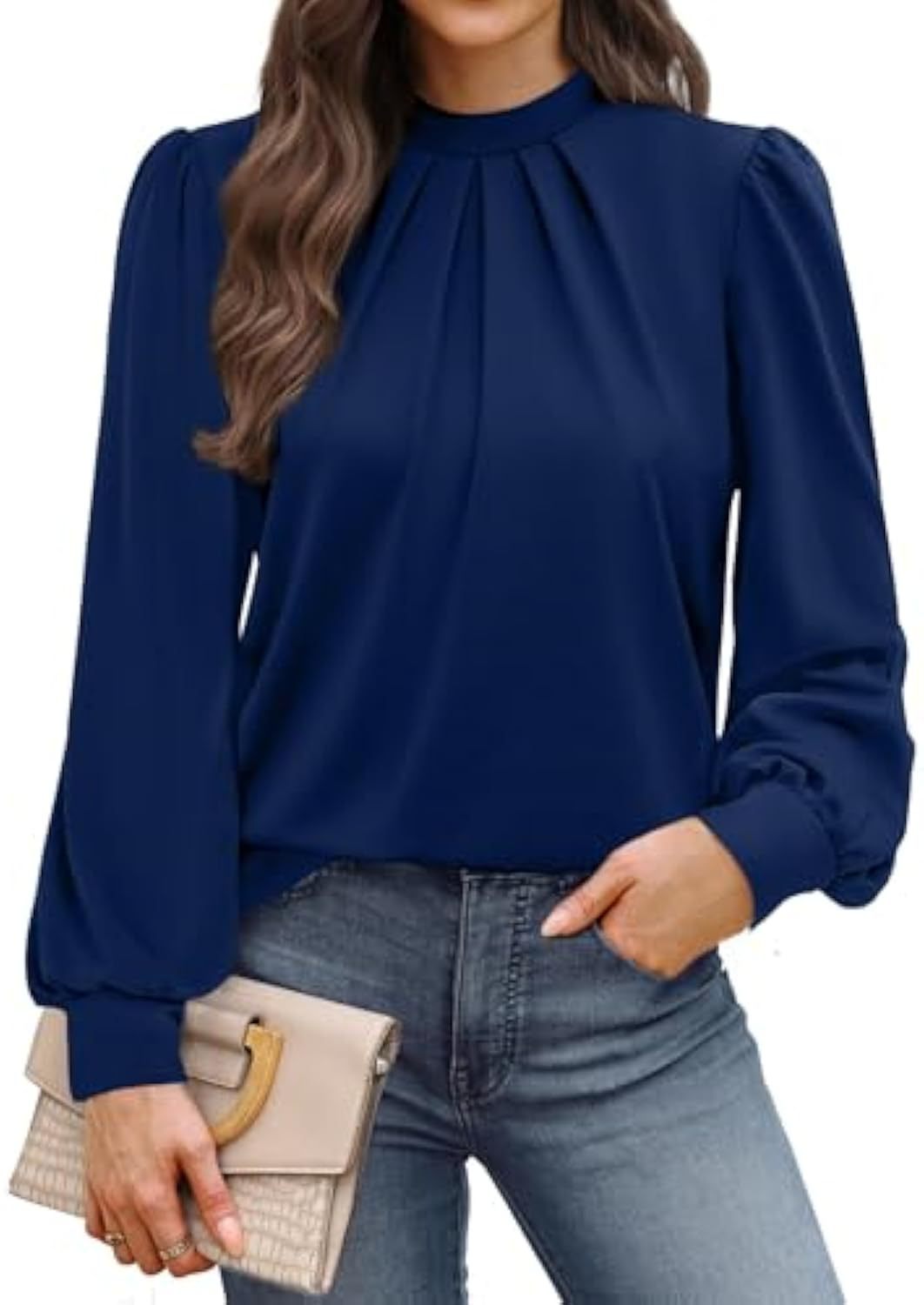 Damen Langärmelige Satinbluse mit Stehkragen, Brustfalten und gerippten Bündchen Shop Nory