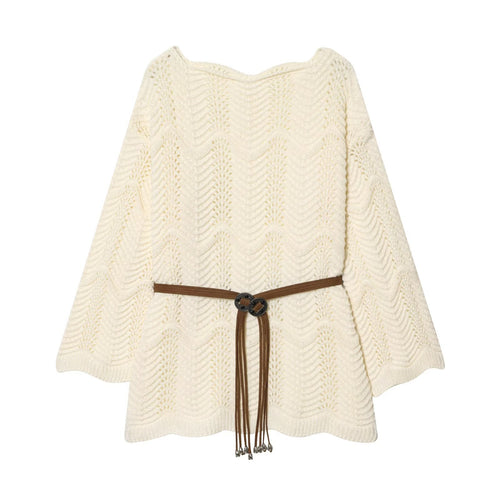 Damen Strickponcho mit Zickzack‑Ajourmuster und Taillengürtel Shop Nory