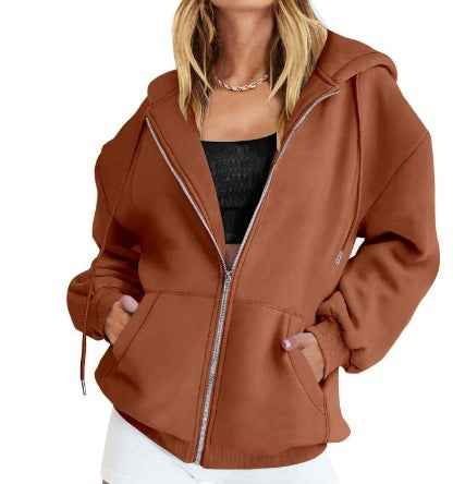 Damen nan oversized Zip-Kapuzenjacke mit kontrastierendem Reißverschluss, doppellagiger Kapuze und Kängurutasche Shop Nory