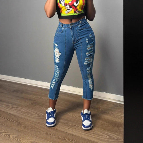 Damen hochgeschnittene knöchellange Skinny-Jeans mit großzügigen Zerrdetails und rohem Saum Shop Nory