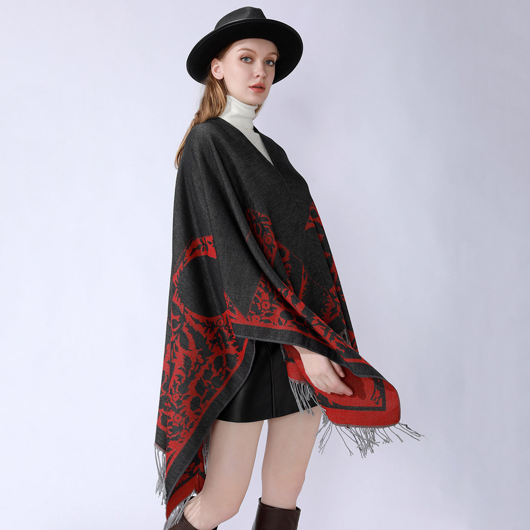 Damen Wendbarer Feinstrick-Poncho mit Jacquardmuster und Fransensaum Shop Nory