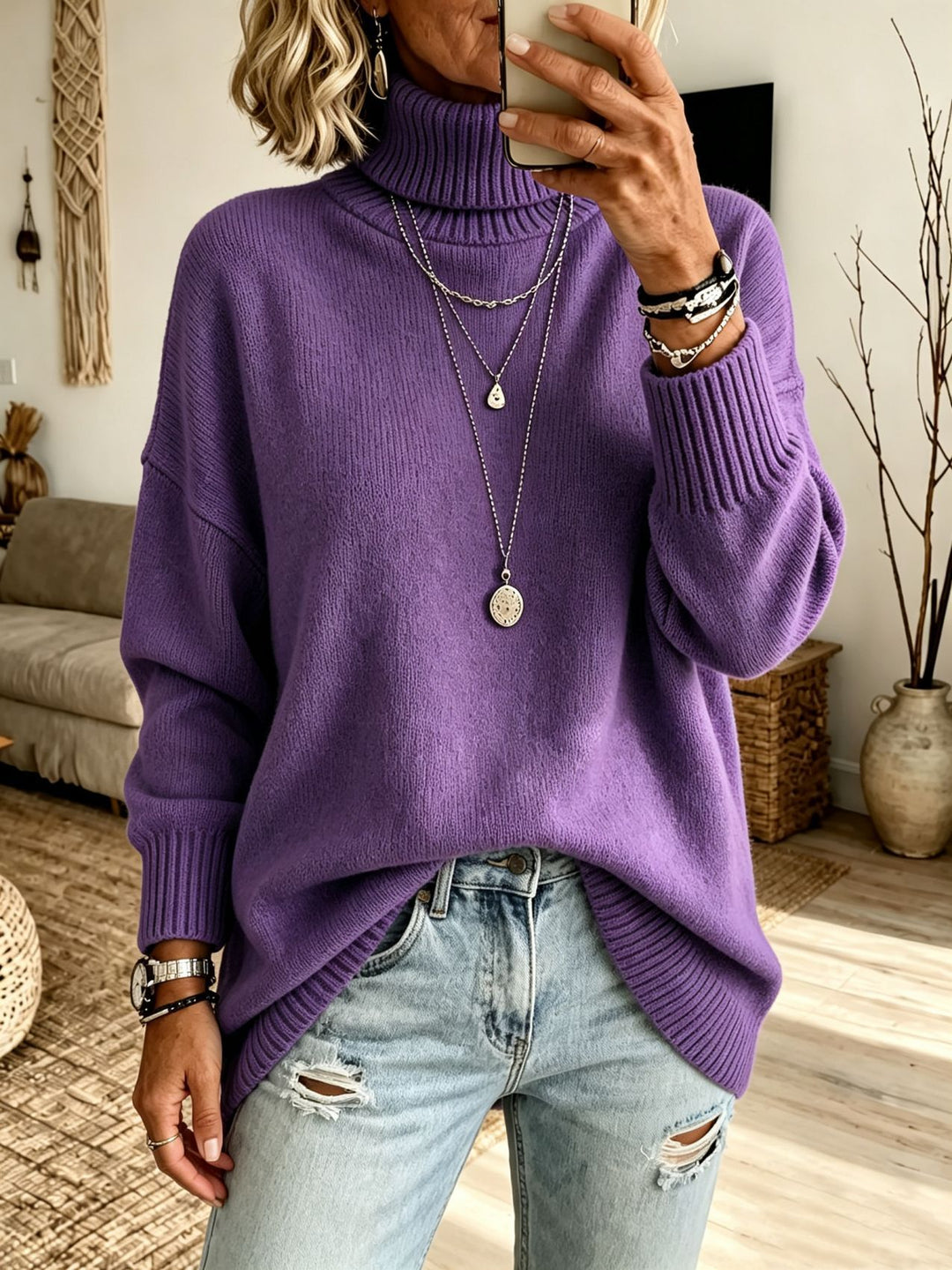 Damen Oversize Rollkragenpullover aus Feinstrick mit gerippten Bündchen und überschnittener Schulter Shop Nory