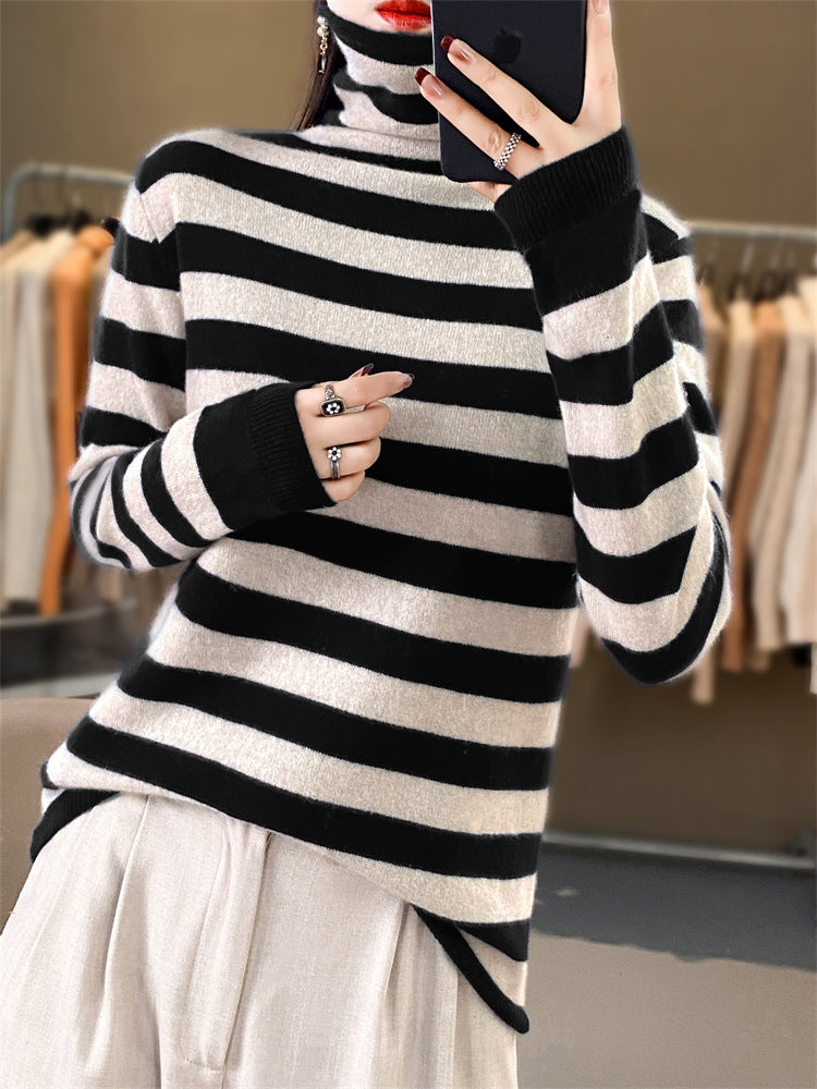 Damen Lässiger gestreifter Rollkragenpullover aus Wollmix mit legerer Passform Shop Nory