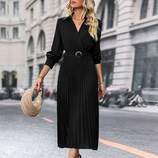 Damen Plissiertes Wickel-Midikleid mit Hemdkragen, Taillengürtel und langen Manschettenärmeln Shop Nory