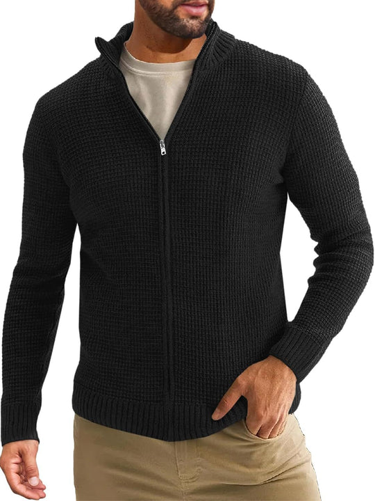 Herren Reißverschluss-Strickjacke mit Waffelstruktur und Stehkragen Shop Nory