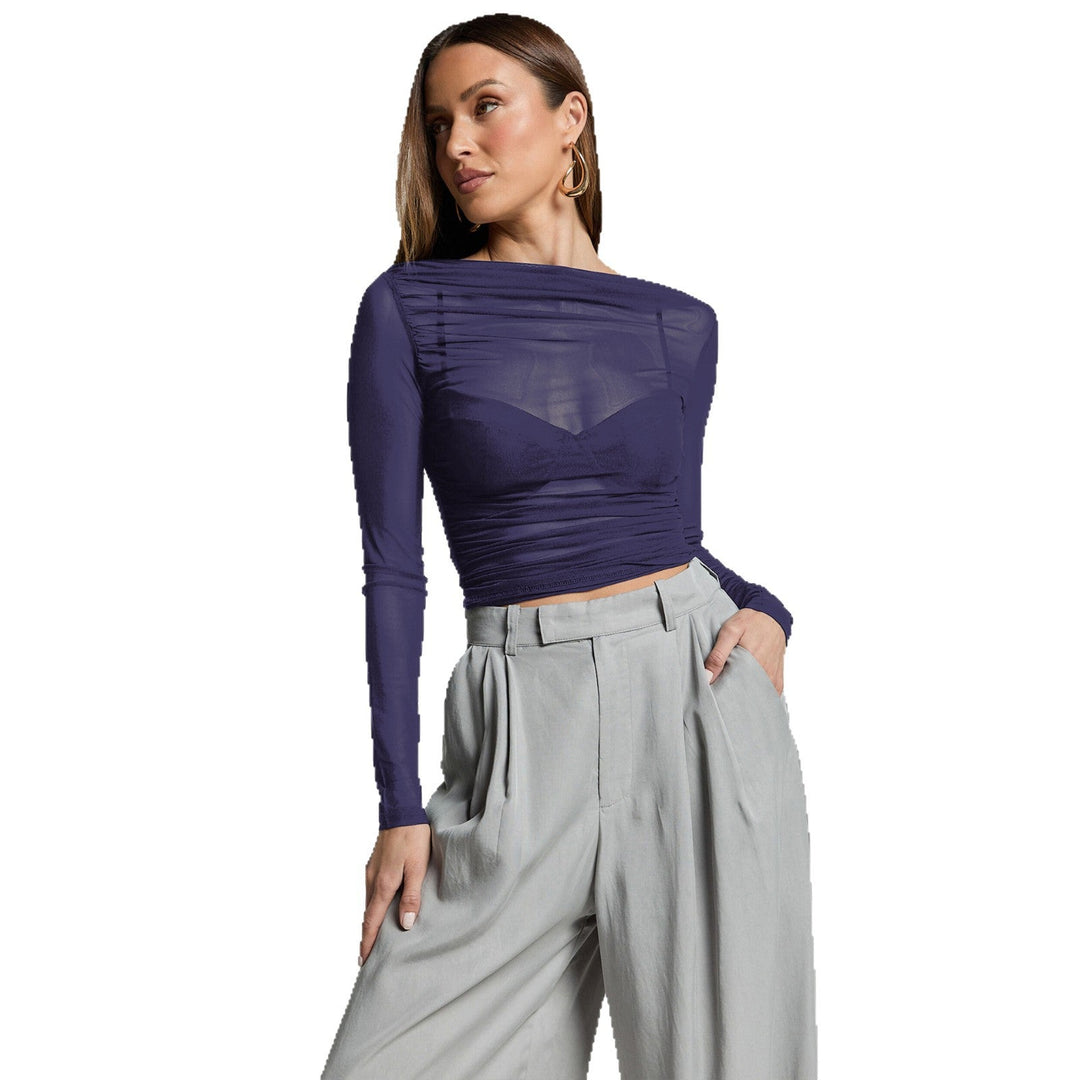 Damen Elegantes Langarmoberteil mit transparentem Mesh und Raffung