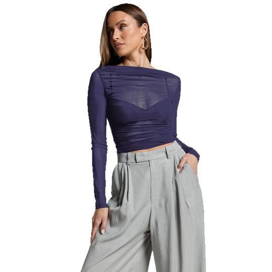 Damen Elegantes Langarmoberteil mit transparentem Mesh und Raffung