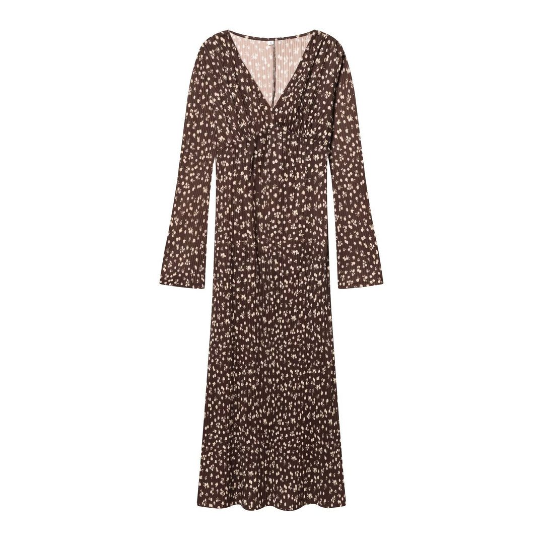 Damen Langärmeliges plissiertes Maxikleid mit V-Ausschnitt und taillenhoher Raffung Shop Nory