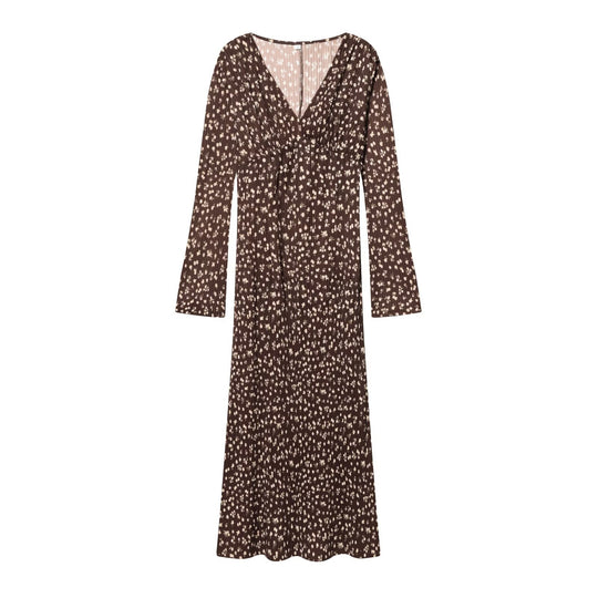 Damen Langärmeliges plissiertes Maxikleid mit V-Ausschnitt und taillenhoher Raffung Shop Nory