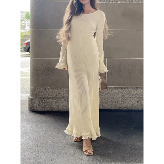 Damen Geripptes Maxikleid mit langen Ärmeln, Volantmanschetten und Rüschenabschluss Shop Nory