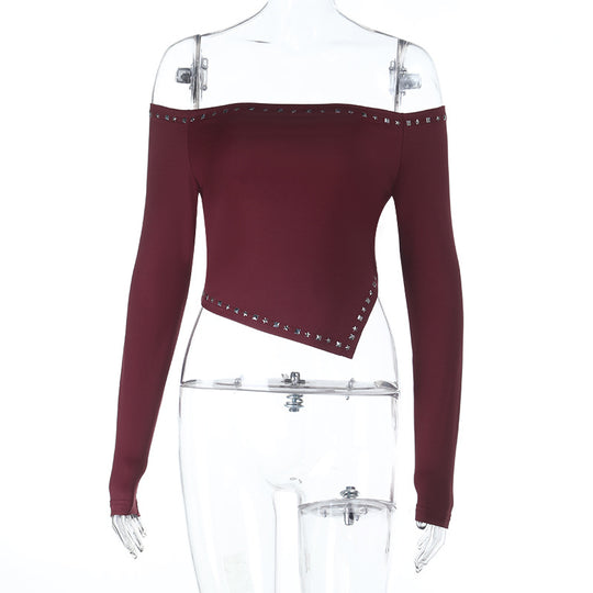 Damen Asymmetrisches Off-Shoulder-Crop-Top mit langen Ärmeln und Nietenbesatz Shop Nory
