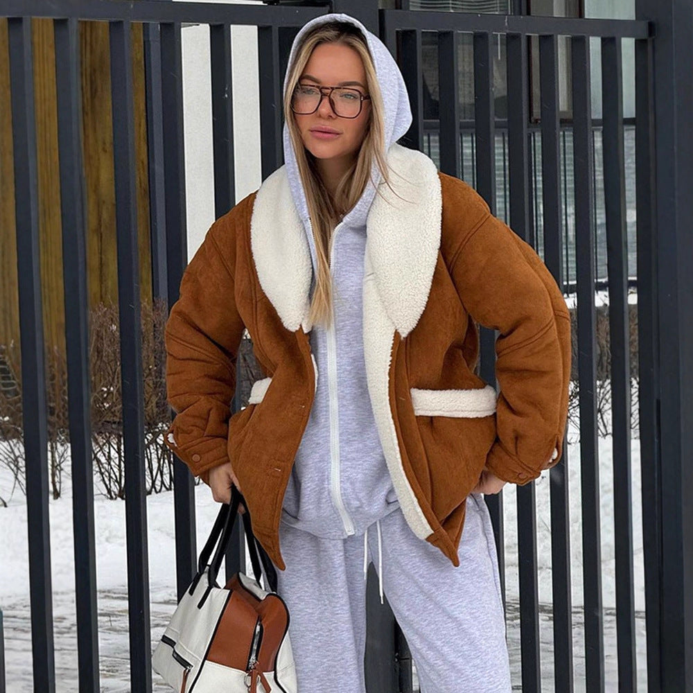 Damen Oversized Lammfellimitat Jacke mit großem Schalkragen Shop Nory