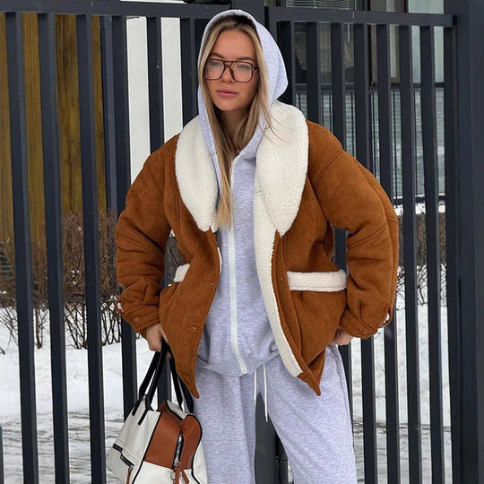 Damen Oversized Lammfellimitat Jacke mit großem Schalkragen Shop Nory