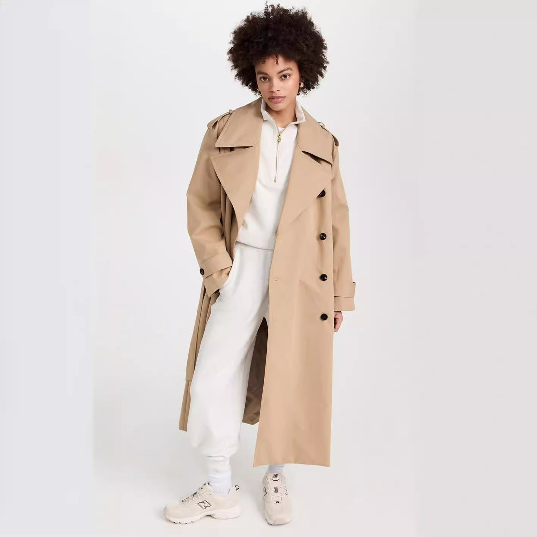 Damen Langer Trenchcoat aus Baumwollmix mit doppelreihiger Knopfleiste, Taillengürtel und Schulterklappen Shop Nory