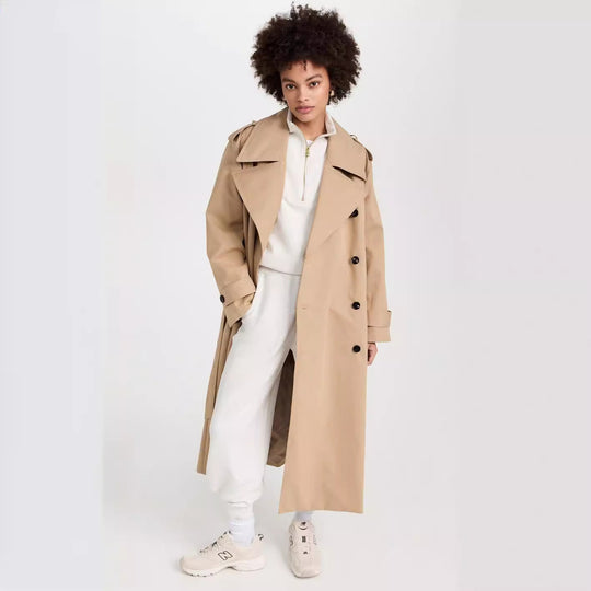 Damen Langer Trenchcoat aus Baumwollmix mit doppelreihiger Knopfleiste, Taillengürtel und Schulterklappen Shop Nory