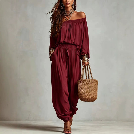 Damen Off-Shoulder Jumpsuit mit elastischem Taillenbund und weitem Plissee-Hosenbein Shop Nory