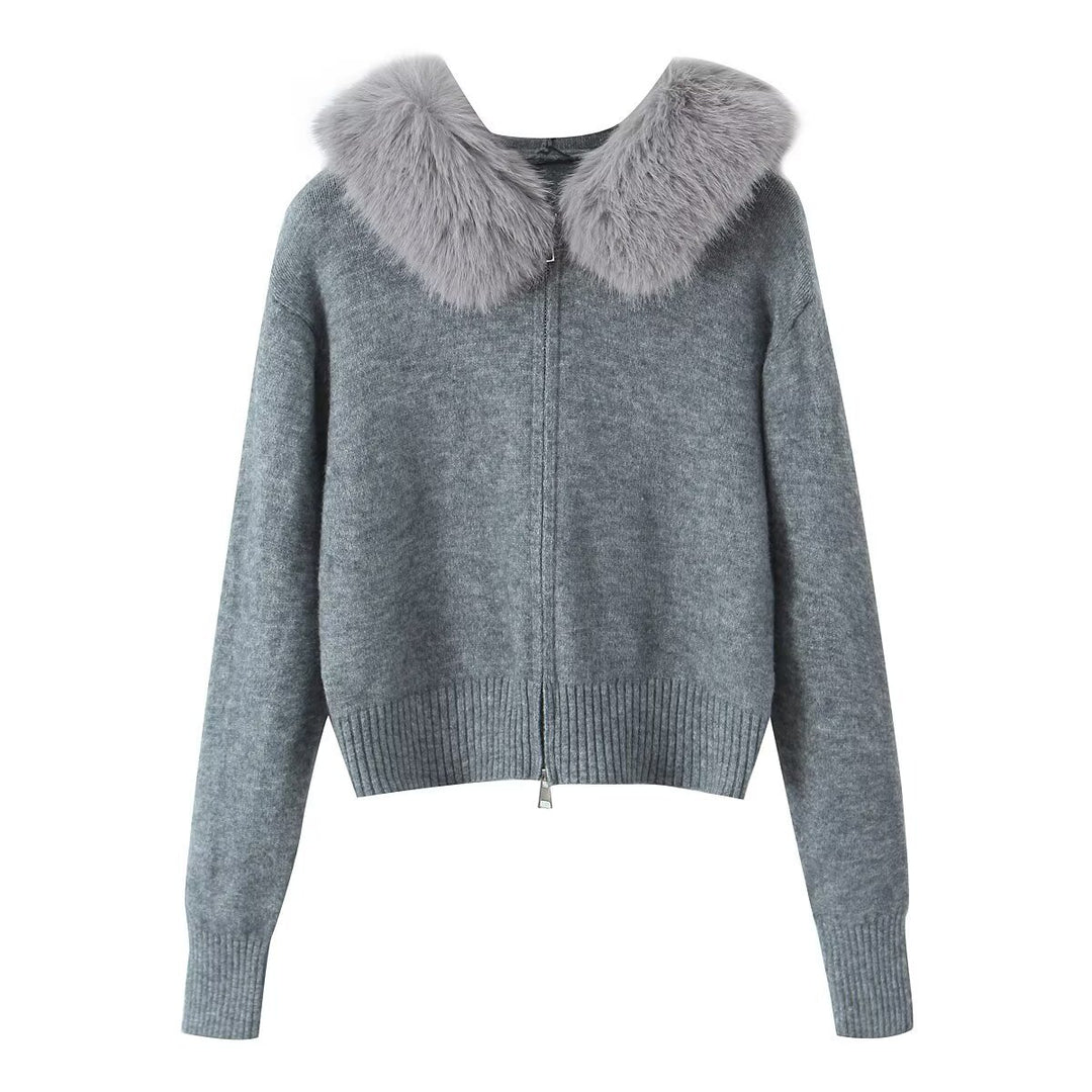 Damen Kurzgeschnittene Strickjacke mit Reißverschluss und abnehmbarem Kunstfellkragen Shop Nory