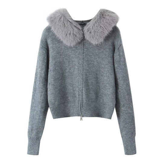Damen Kurzgeschnittene Strickjacke mit Reißverschluss und abnehmbarem Kunstfellkragen Shop Nory
