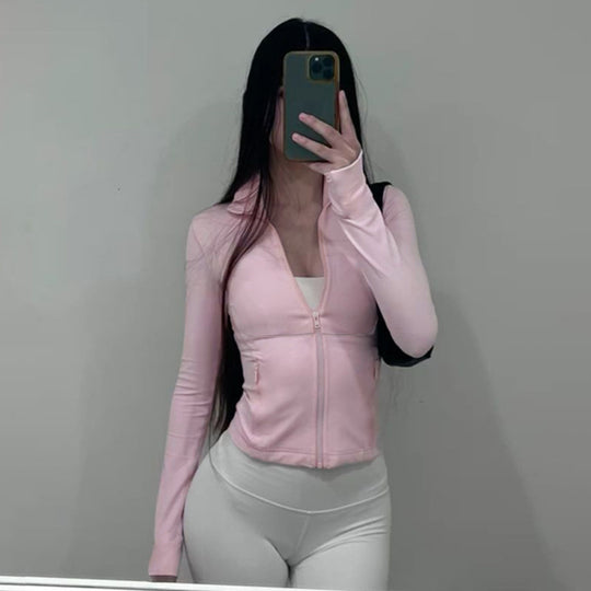 Damen nan kurzes Ripp-Kapuzenhoodie mit halbem Reißverschluss, langen Ärmeln und Daumenloch Shop Nory