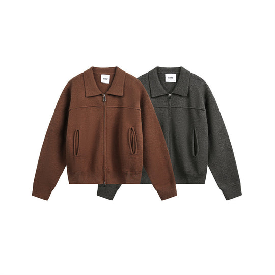 Herren Strick-Zipjacke mit Hemdkragen, Eingrifftaschen und geripptem Saum Shop Nory