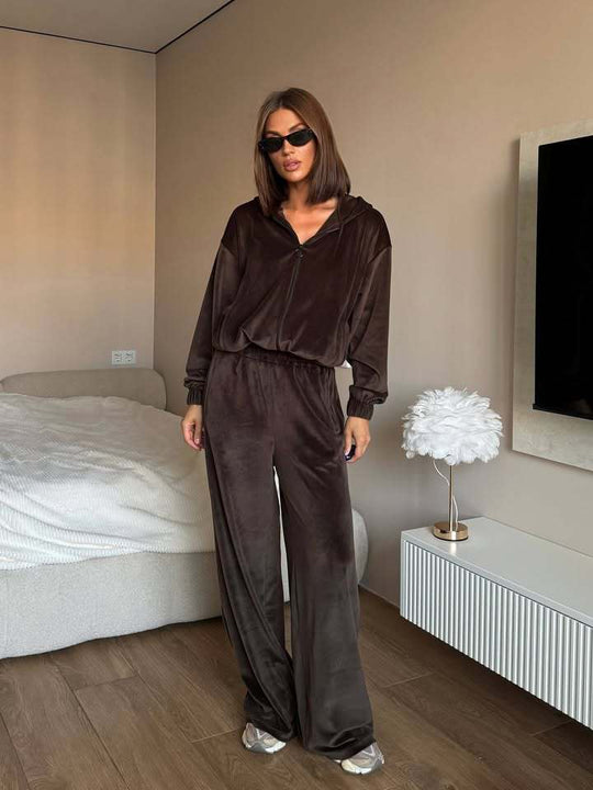 Damen Loungewear-Set mit leichtem Zip-Hoodie, elastischen Bündchen und weiten Palazzo-Hose Shop Nory