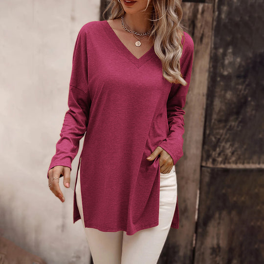 Damen lässige V-Neck Longsleeve-Tunika mit Seitenschlitzen und relaxed Fit Shop Nory