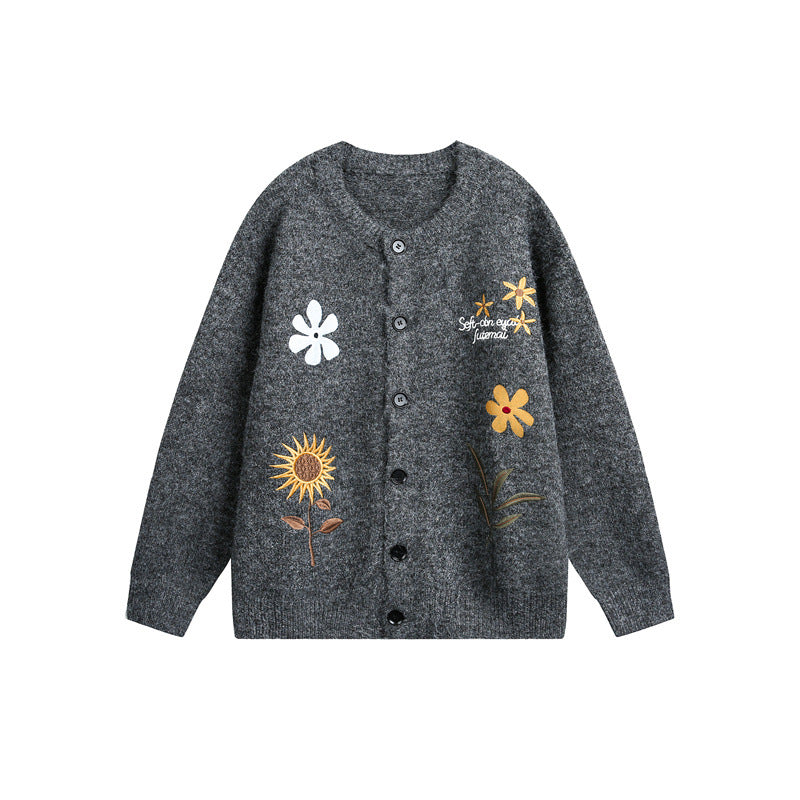 Damen Strick-Cardigan mit Blumenstickerei, Rundhalsausschnitt und Knopfleiste Shop Nory