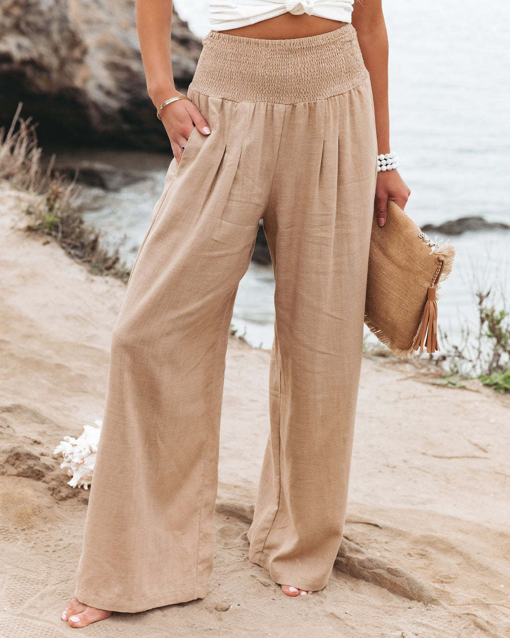 Damen weite Leinenhose mit elastischem Bund und Falten