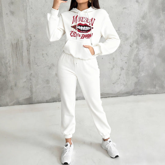 Damen nan Hoodie- und Jogginghose-Set mit Kapuze, Kängurutasche, elastischem Bund und auffälligem Lippen-Statementprint Shop Nory