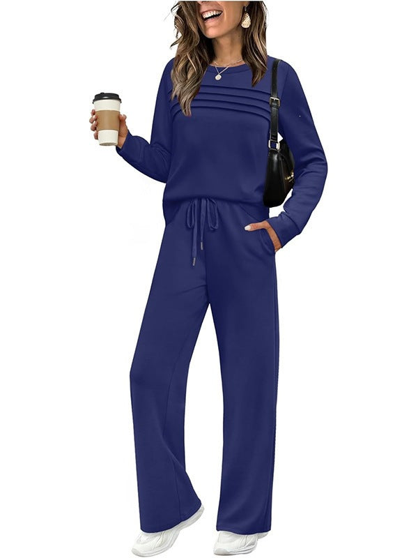 Damen Zweiteiliges Lounge-Set mit Plissee-Detail, Rundhals-Sweatshirt und weitem Kordel-Hose Shop Nory