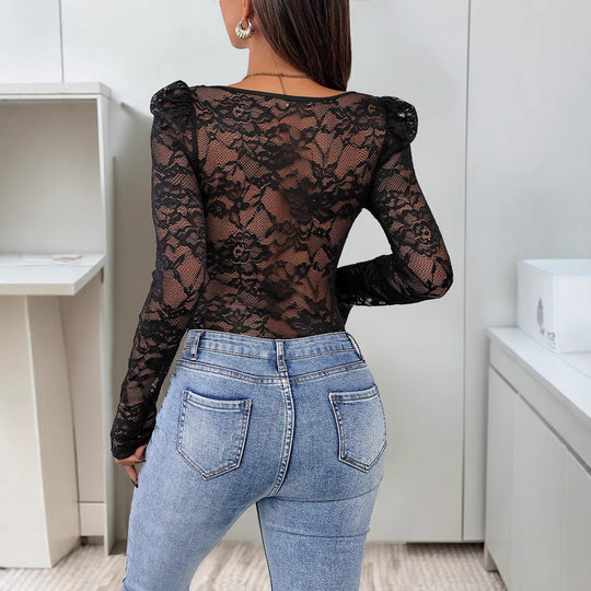 Damen Figurformender Spitzen-Bustierbody mit Korsettnähten und langen Transparenteärmeln Shop Nory