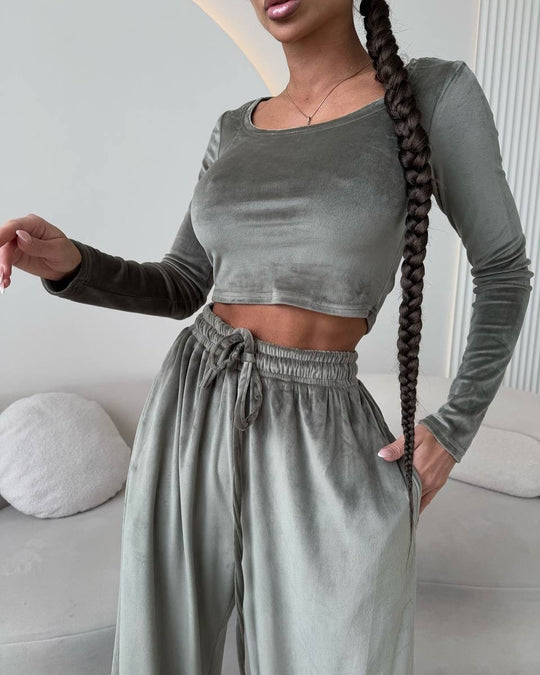 Damen Samt-Loungewear-Set mit Cropped-Langarmshirt und hoher Taillen-Palazzohose Shop Nory