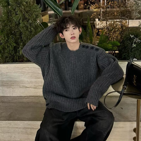 Herren Grobgestrickter Oversize-Pullover mit Rundhalsausschnitt und Schulterknopfleiste Shop Nory