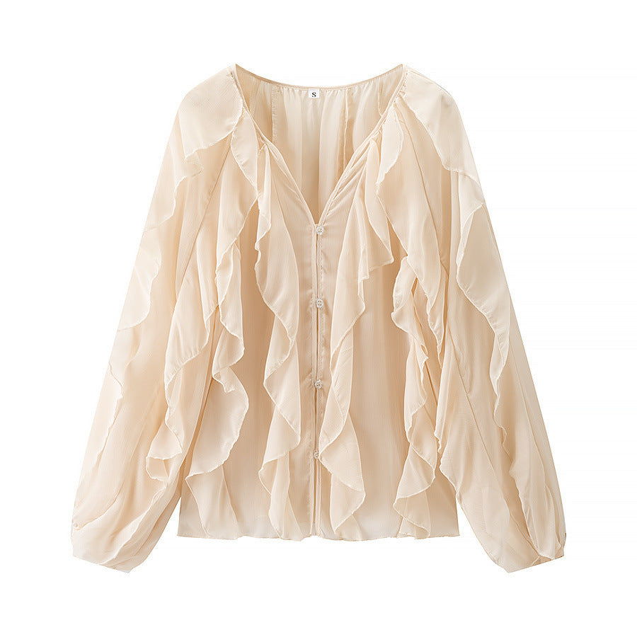 Damen Voluminöse Chiffonbluse mit mehrlagigen Volants und Knopfverschluss Shop Nory